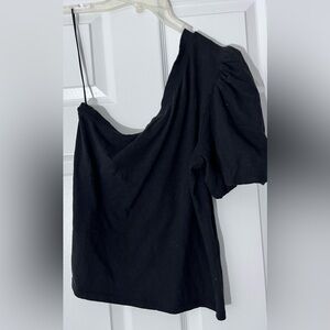 Z SUPPLY One Shoulder Ruched Short Sleeve Black Cropped Blouse M